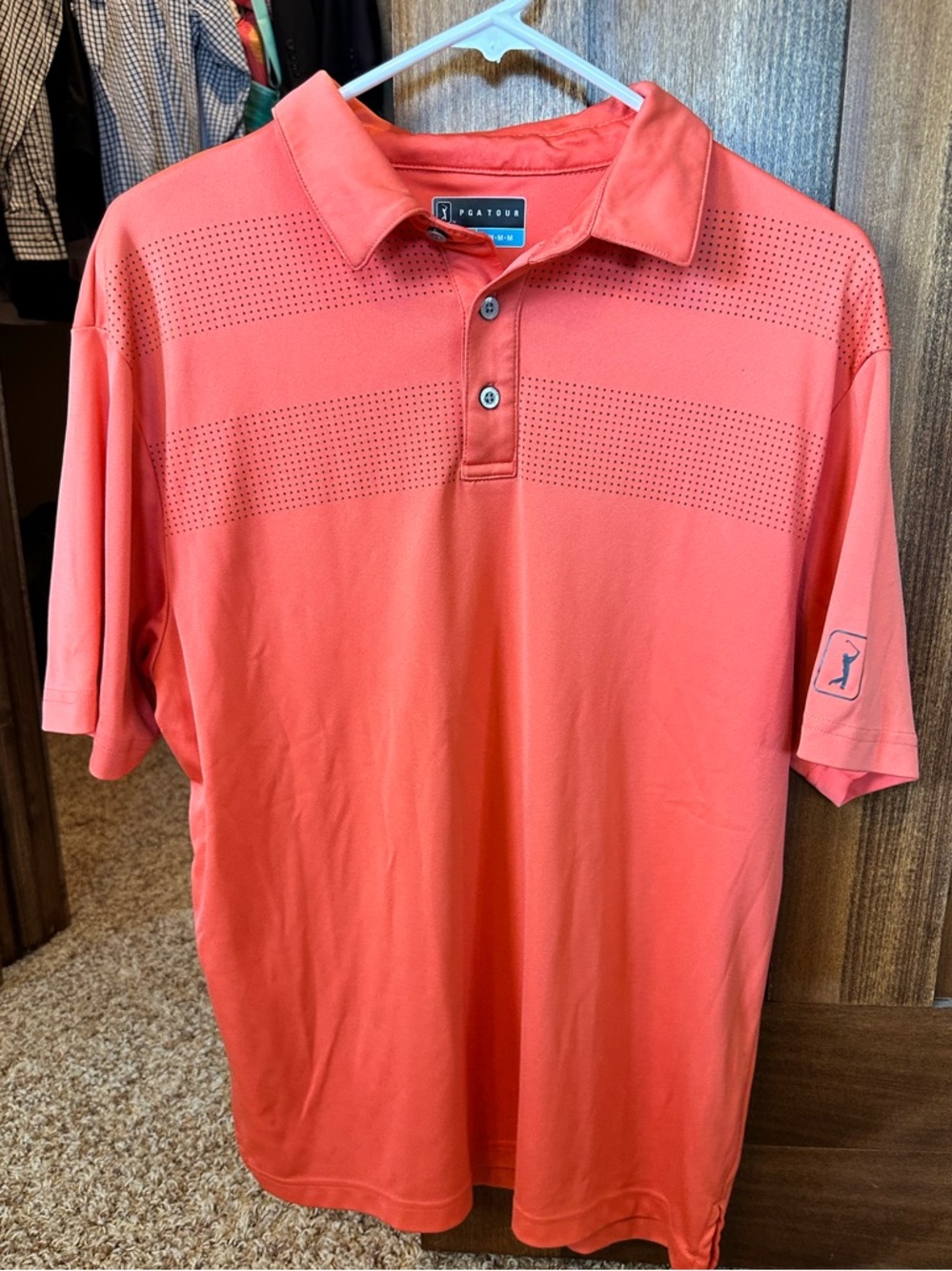 PGA Tour Coral Performance Polo with Perforated Stripes